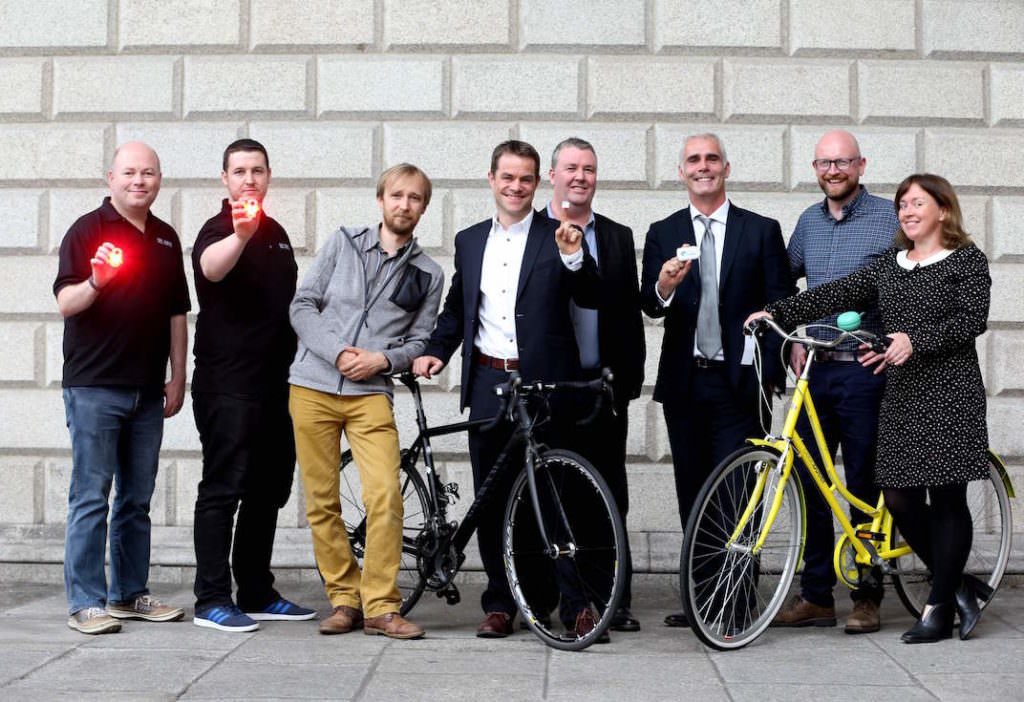 Repro Free: Thursday 15th September 2016. Five Smart Projects Receive Funding to Improve Cycling in Dublin. Dublin City Council and Enterprise Ireland announced the winners of the Small Business Innovation Research (SBIR) competition at The House of Lords, Bank of Ireland, College Green this evening. The competition, which was launched by Smart Dublin last March, sought to find smart technology solutions to help improve and scale up cycling across Dublin. The challenge generated 98 expressions of interest, 23 proposals with 14 dragons den style pitches. Five companies were selected to receive funding of up to €12,500 and supports from Dublin City Council to research and demonstrate the viability of their smart solution. Pictured were Philip McAlesse, Ryan Farrelly od See.Sense, Larry Wawro, Mark Bennett of BikeLook, Mick Berry of M2C Smartcharge Ltd, Conor Cahill, Sile Ginnane of Liberty Bell and Xavier Torres-Tuset of Hidnseek. Picture Jason Clarke