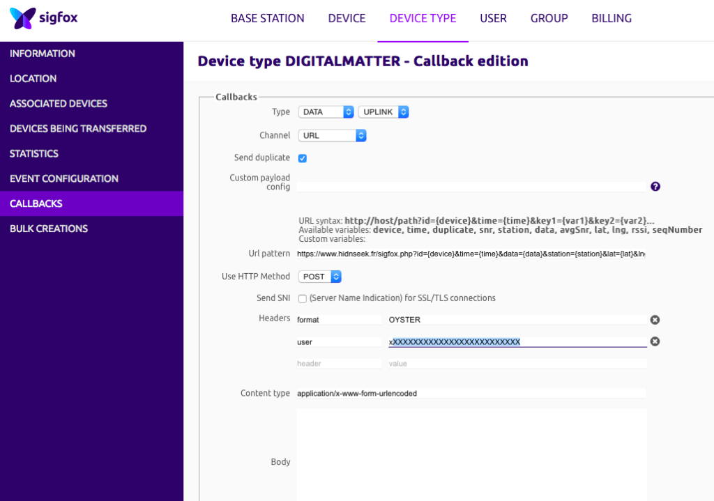 Sigfox callback uplink oyster