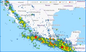 Map of earthquakes in Mexico from 1990 to 2017